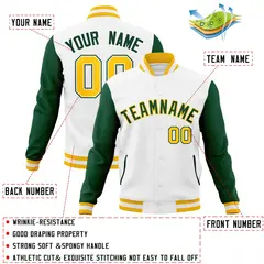 White Green-Gold Raglan Varsity Full-Snap Letterman Jacket 4