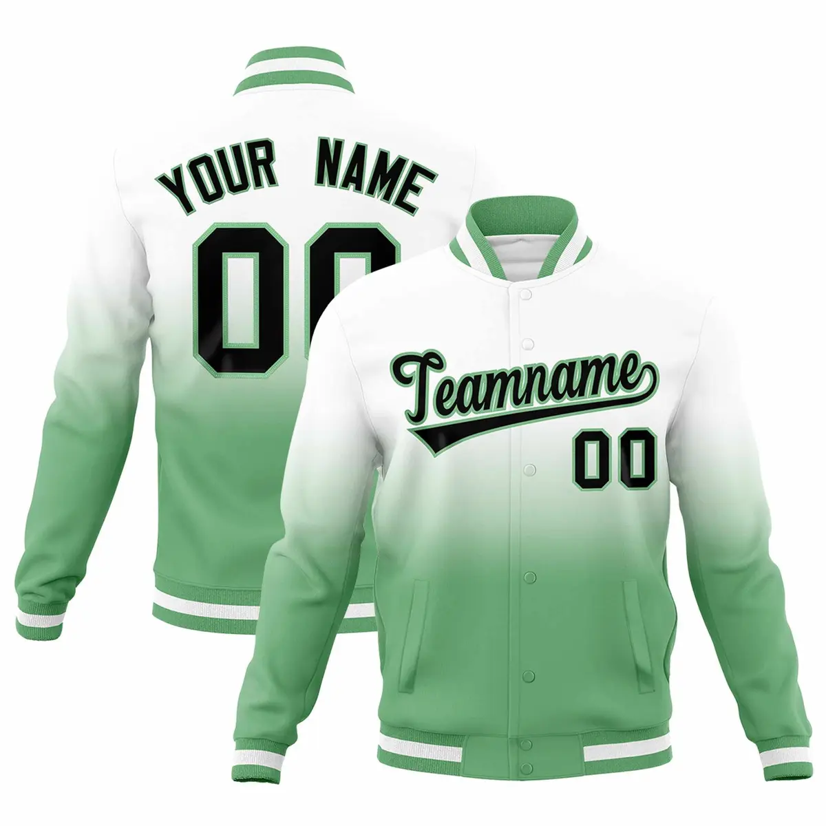 White Green Gradient Full-Snap Fashion Letterman Jacket