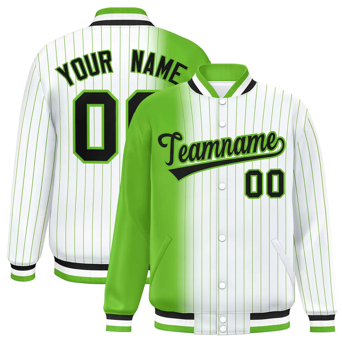 White Green Gradient Pinstripe Full-Snap Letterman Jacket