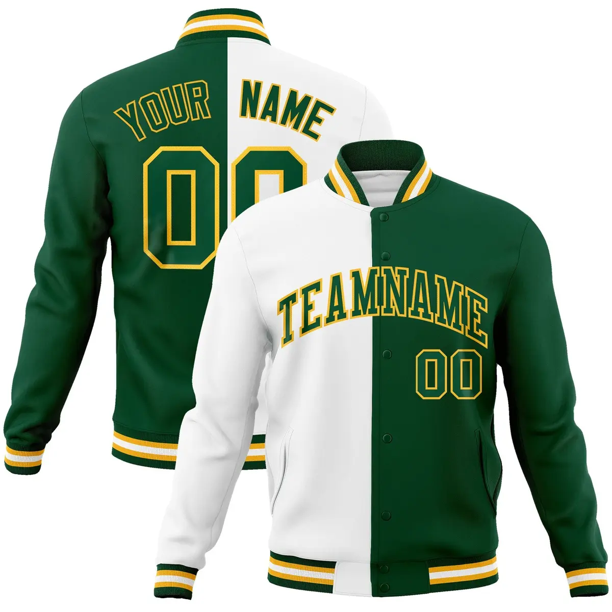 White Green-Green Two Tone Split Varsity Full-Snap Letterman Jacket