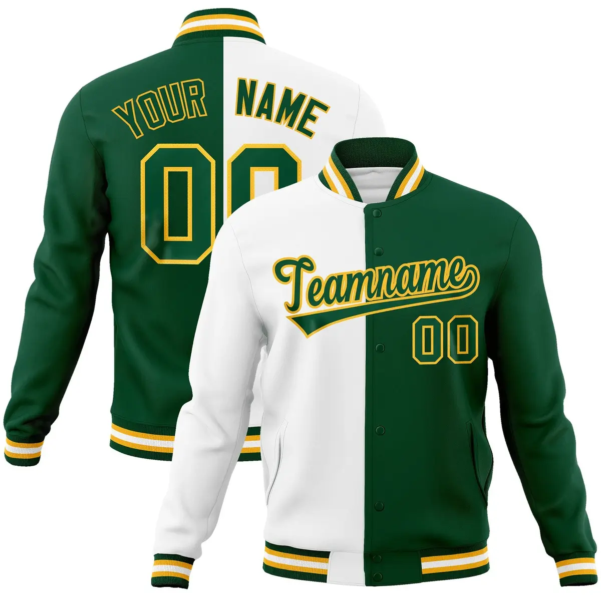 White Green-Green Two Tone Split Varsity Full-Snap Letterman Jacket