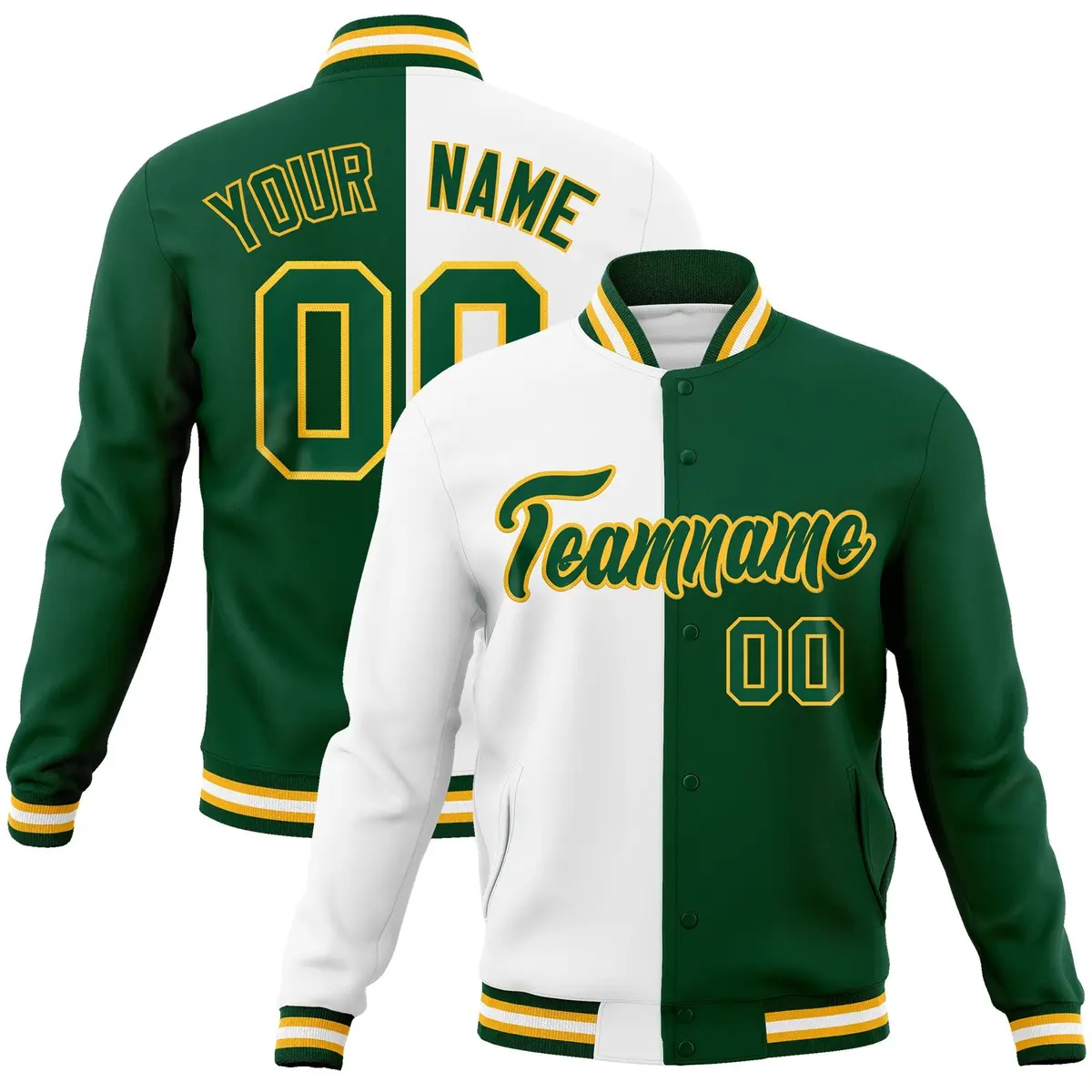White Green-Green Two Tone Split Varsity Full-Snap Letterman Jacket