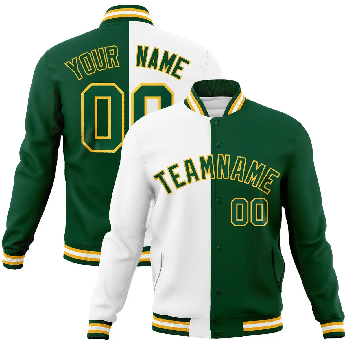 White Green-Green Two Tone Split Varsity Full-Snap Letterman Jacket