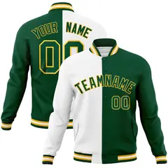 White Green-Green Two Tone Split Varsity Full-Snap Letterman Jacket