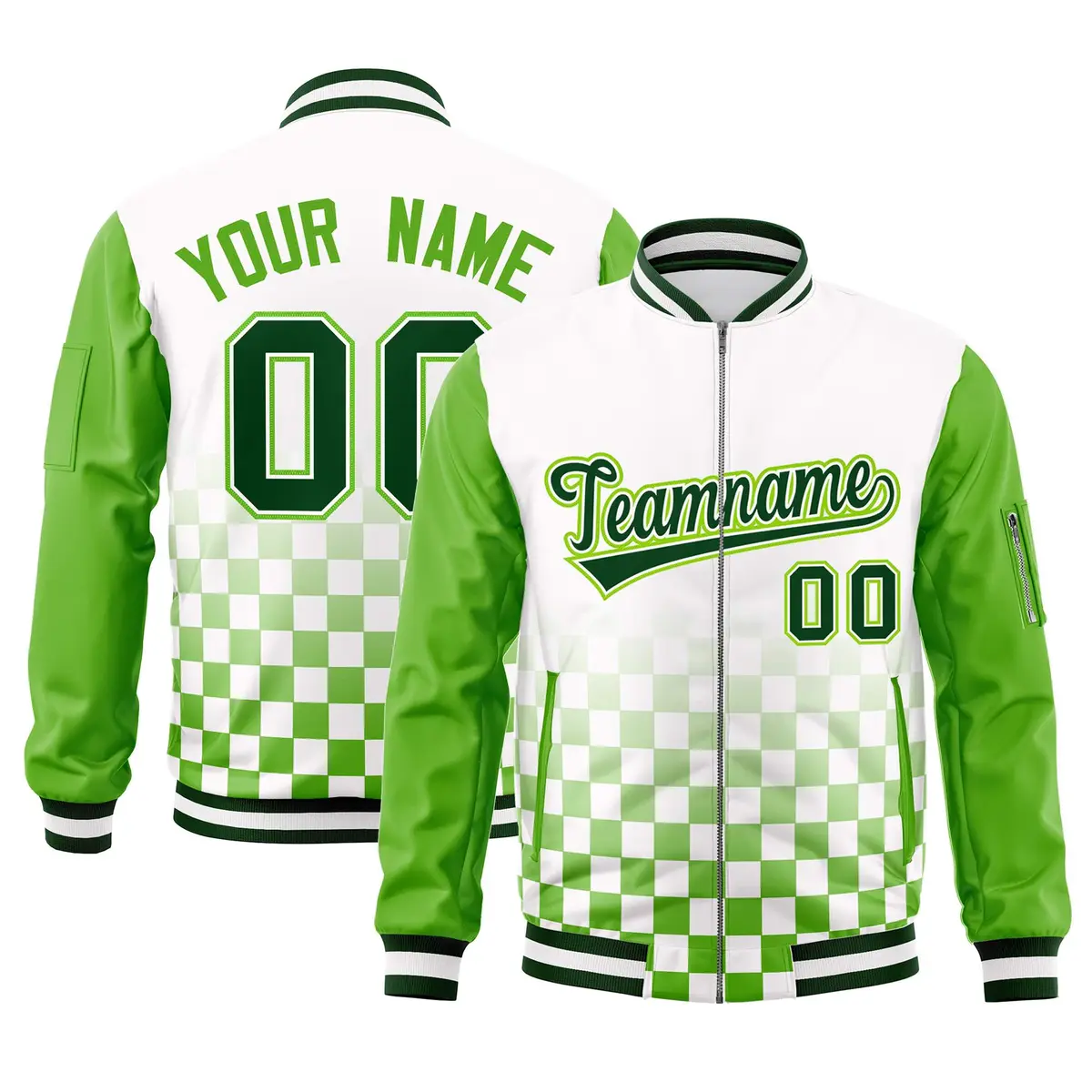 White Green Grid Color Block Full-Zip Letterman Raglan Jacket