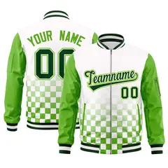 White Green Grid Color Block Full-Zip Letterman Raglan Jacket