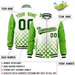 White Green Grid Color Block Full-Zip Letterman Raglan Jacket 2