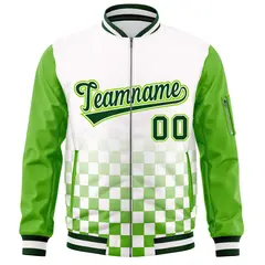 White Green Grid Color Block Full-Zip Letterman Raglan Jacket 3
