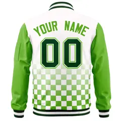 White Green Grid Color Block Full-Zip Letterman Raglan Jacket 4