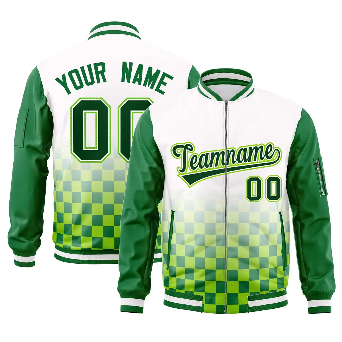 White Green Grid Color Block Full-Zip Letterman Raglan Jacket