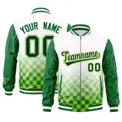 White Green Grid Color Block Full-Zip Letterman Raglan Jacket 1