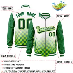 White Green Grid Color Block Full-Zip Letterman Raglan Jacket 2