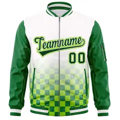 White Green Grid Color Block Full-Zip Letterman Raglan Jacket 3