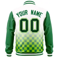 White Green Grid Color Block Full-Zip Letterman Raglan Jacket 4