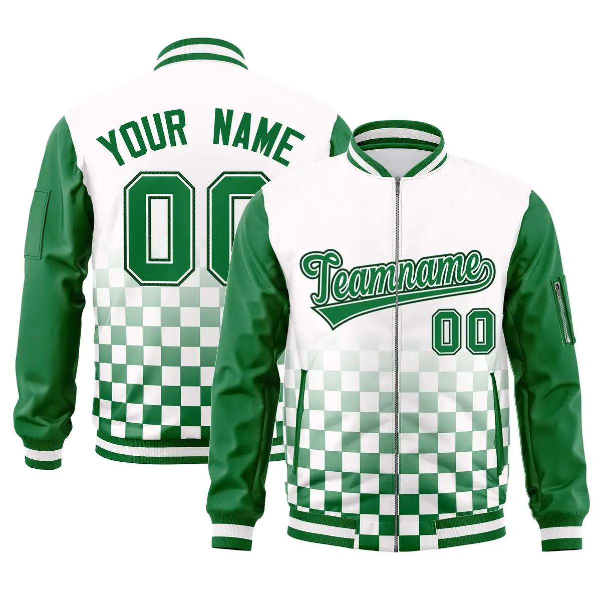 White Green Grid Color Block Full-Zip Letterman Raglan Jacket