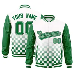 White Green Grid Color Block Full-Zip Letterman Raglan Jacket 1