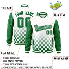 White Green Grid Color Block Full-Zip Letterman Raglan Jacket 2