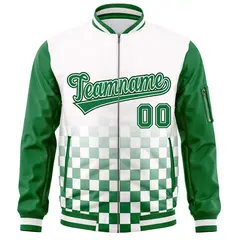 White Green Grid Color Block Full-Zip Letterman Raglan Jacket 3