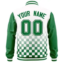 White Green Grid Color Block Full-Zip Letterman Raglan Jacket 4