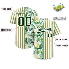 White Green Hawaii Tropical Flower Stripe Baseball Jersey 2