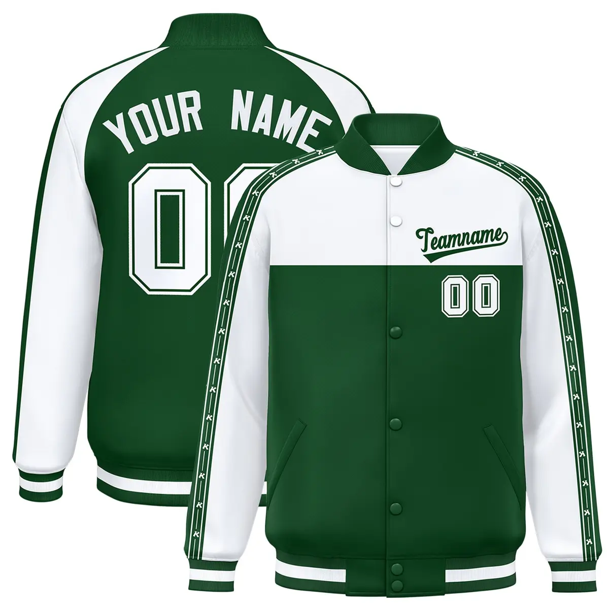 White Green K-Ribbon Raglan Varsity Full-Snap Color Block Letterman Jacket