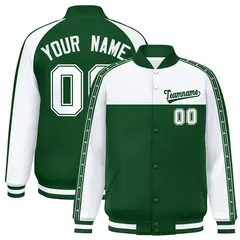 White Green K-Ribbon Raglan Varsity Full-Snap Color Block Letterman Jacket