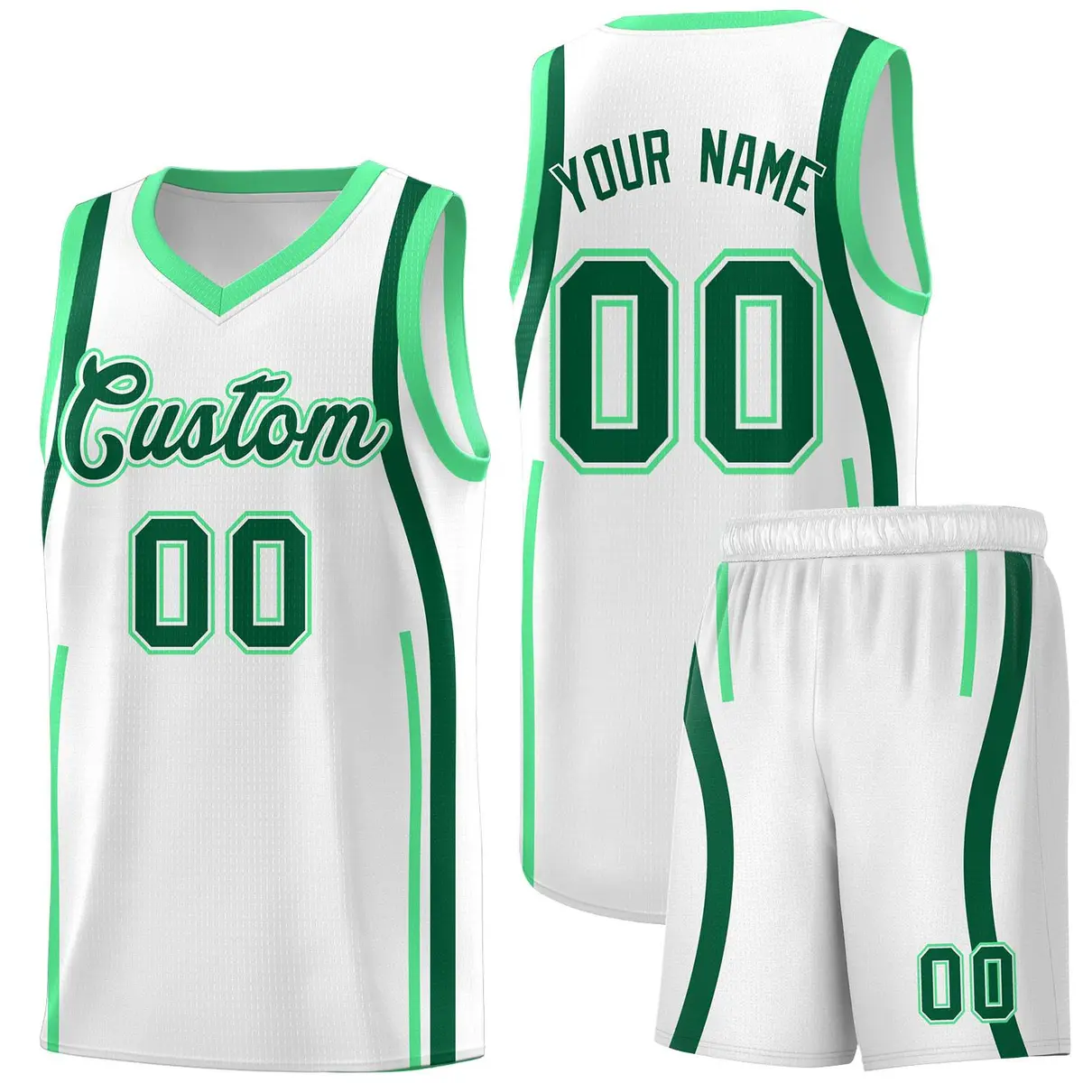 White Green-Kelly Green Ribbon Pattern Basketball Kits