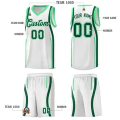 White Green-Kelly Green Ribbon Pattern Basketball Kits 5