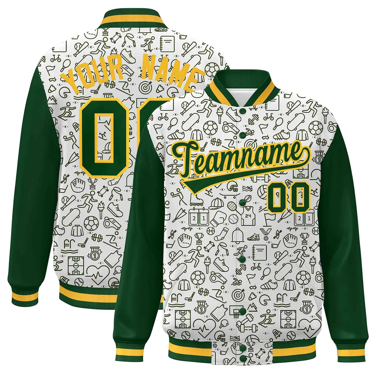 White Green Line Graffiti Pattern Varsity Raglan Letterman Jacket