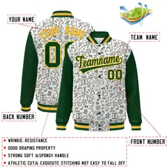 White Green Line Graffiti Pattern Varsity Raglan Letterman Jacket 2