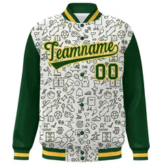 White Green Line Graffiti Pattern Varsity Raglan Letterman Jacket 3