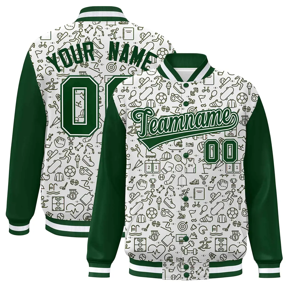 White Green Line Graffiti Pattern Varsity Raglan Letterman Jacket