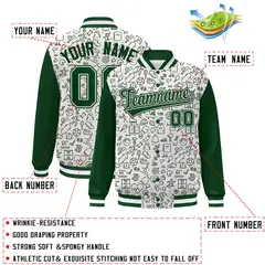 White Green Line Graffiti Pattern Varsity Raglan Letterman Jacket 2