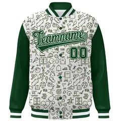 White Green Line Graffiti Pattern Varsity Raglan Letterman Jacket 3