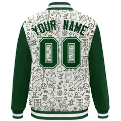 White Green Line Graffiti Pattern Varsity Raglan Letterman Jacket 4