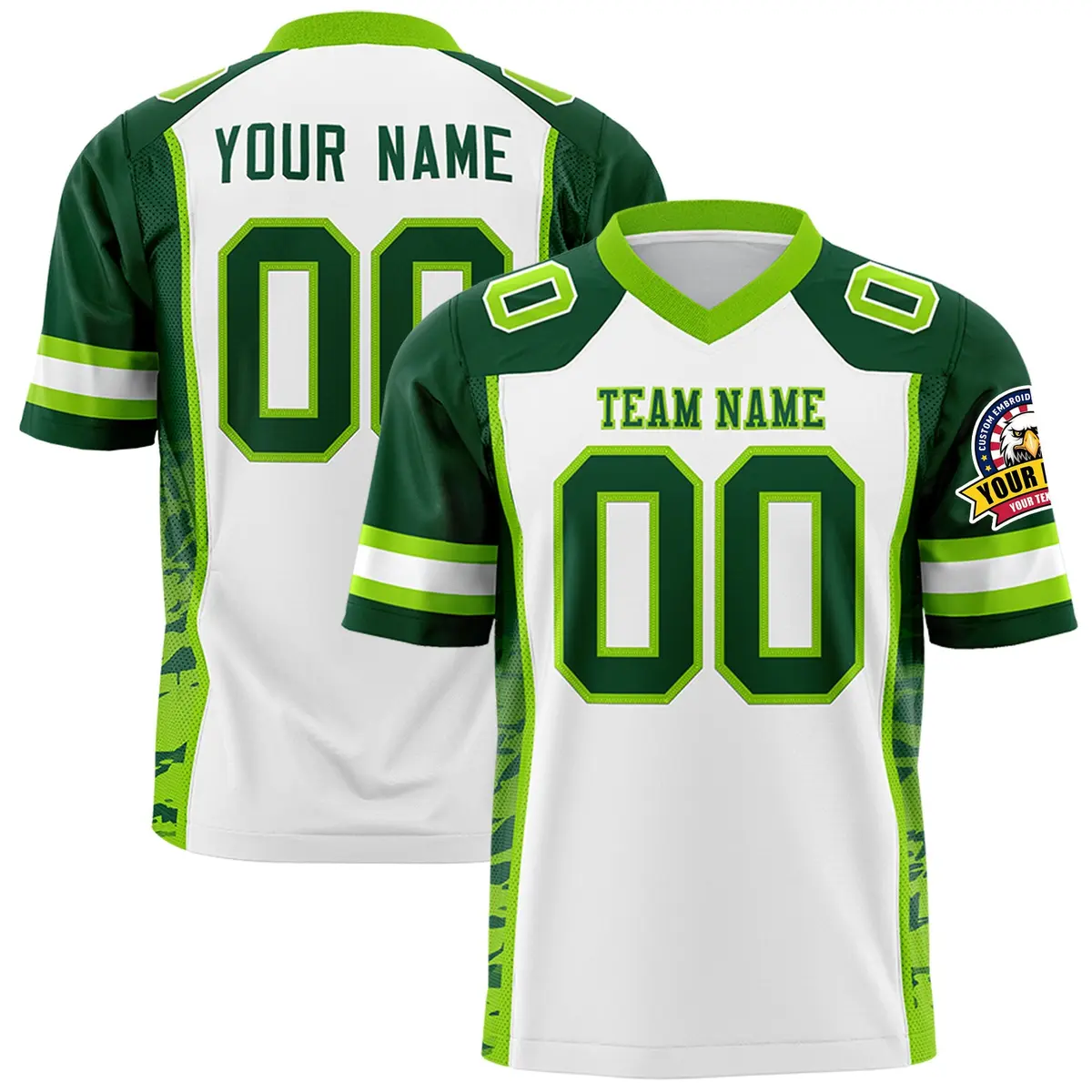 White Green-Neon Green Raglan Side Pattern Football Jersey