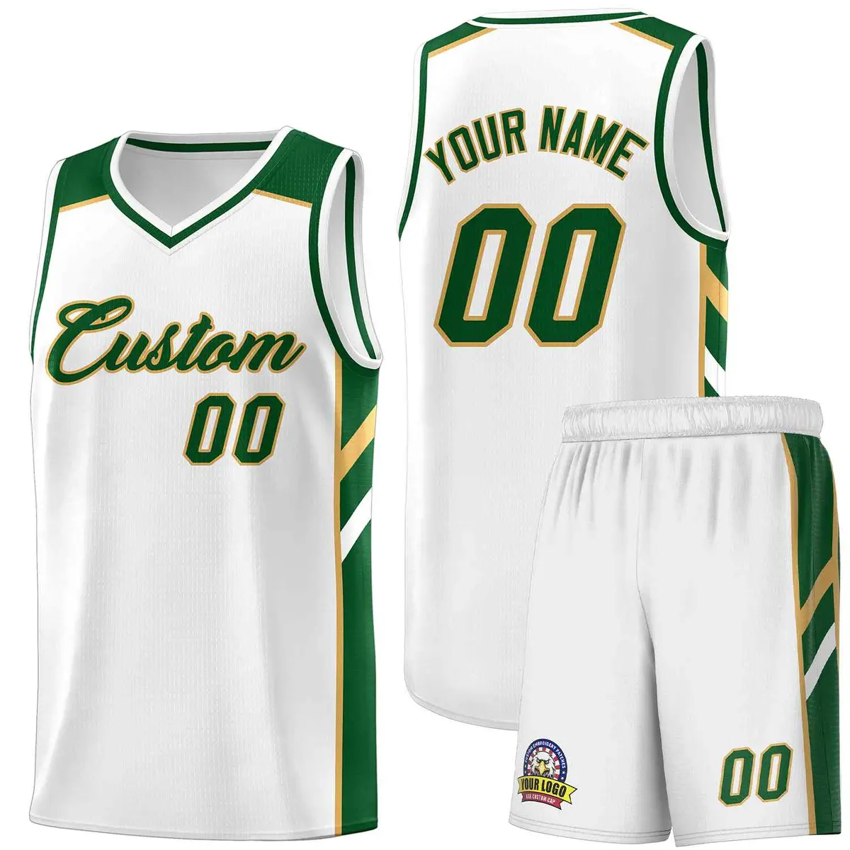 White Green-Old Gold Classic Basketball Jersey Set