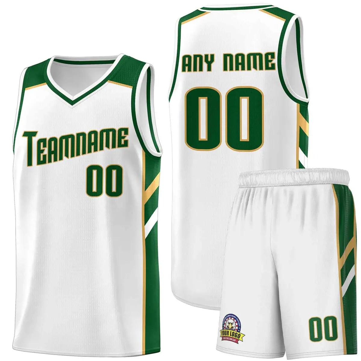 White Green-Old Gold Classic Basketball Jersey Set