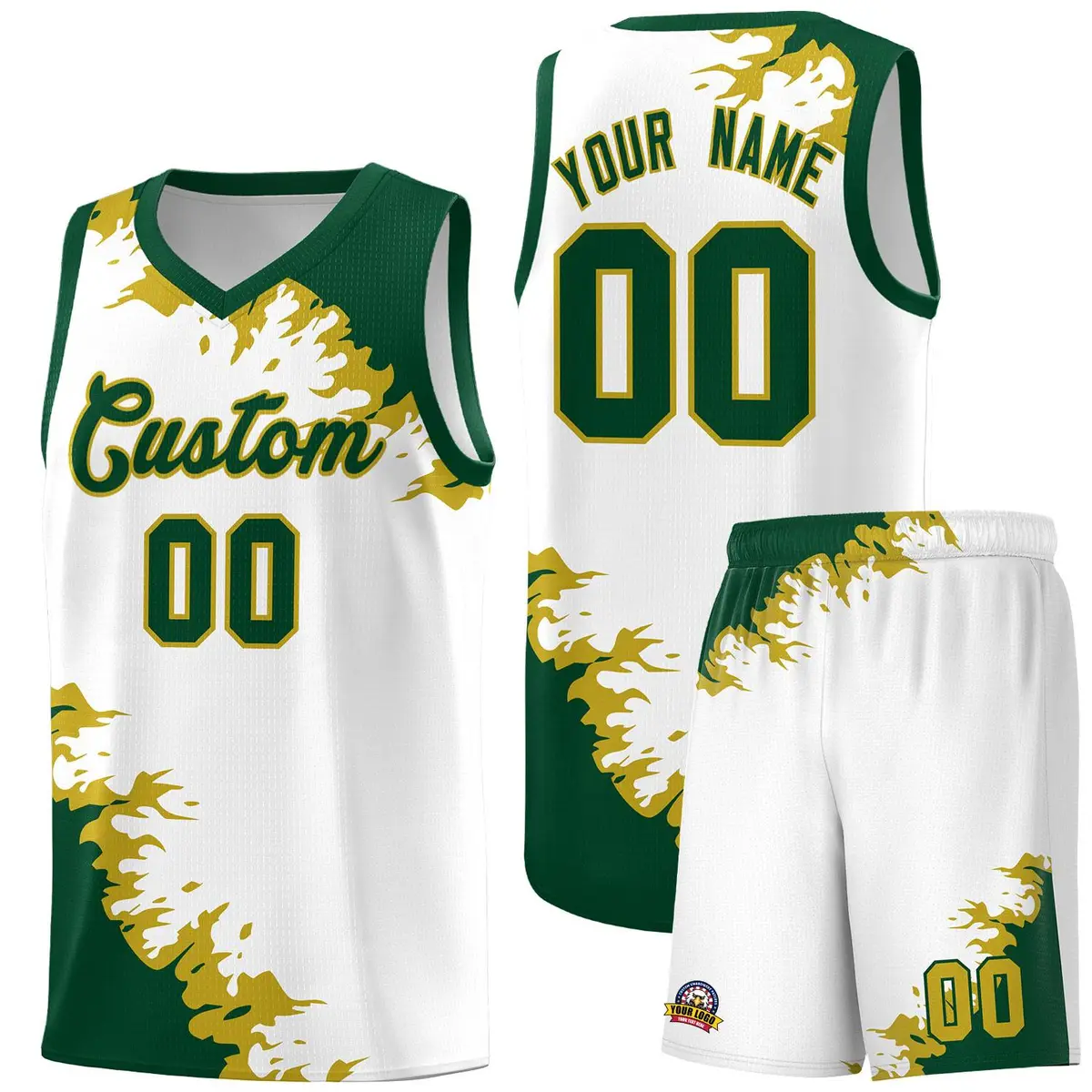 White Green-Old Gold Sparkle Print Basketball Kits