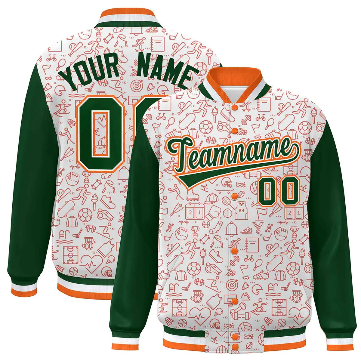 White Green-Orange Line Graffiti Varsity Raglan Letterman Jacket