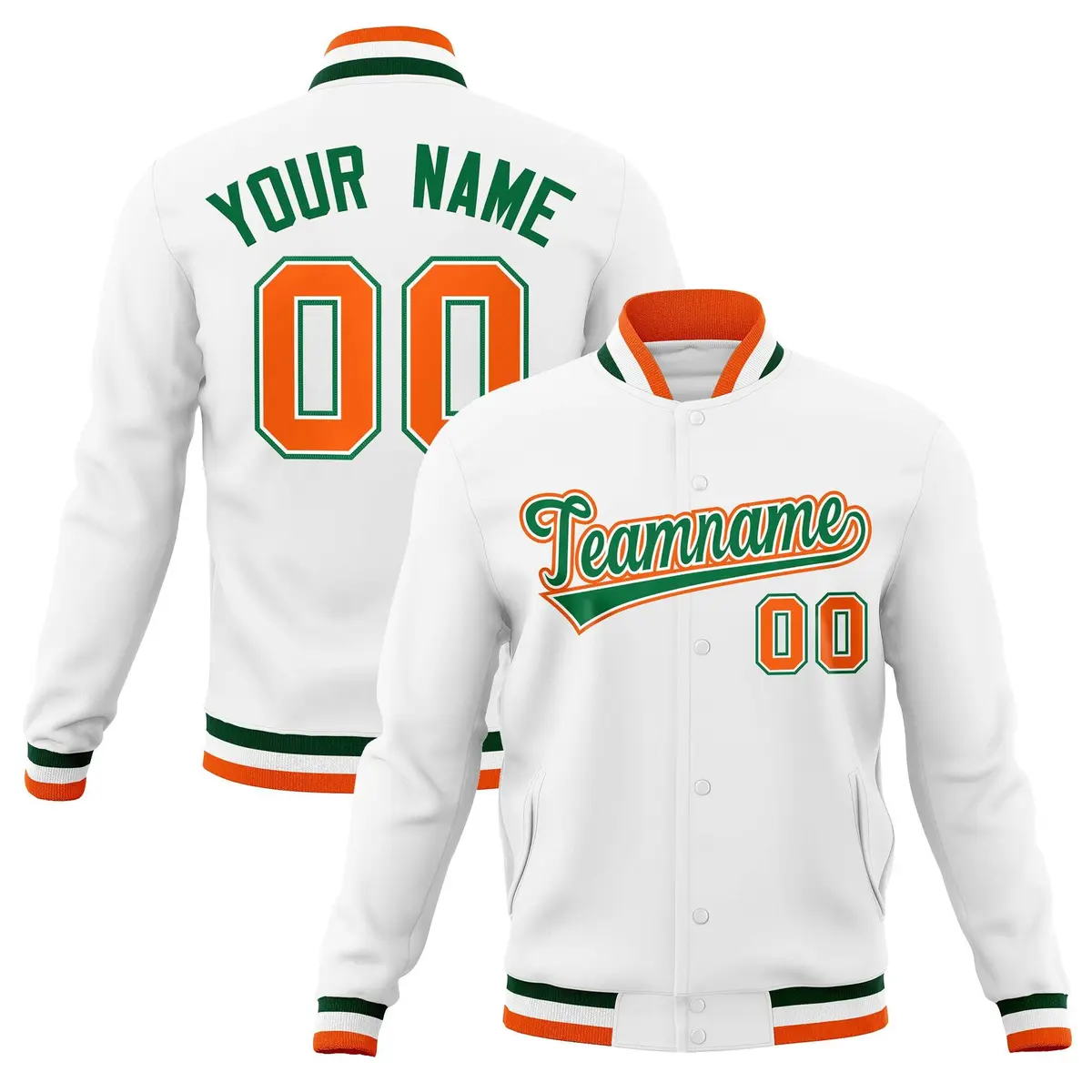 White Green-Orange Varsity Full-Snap Letterman Jacket