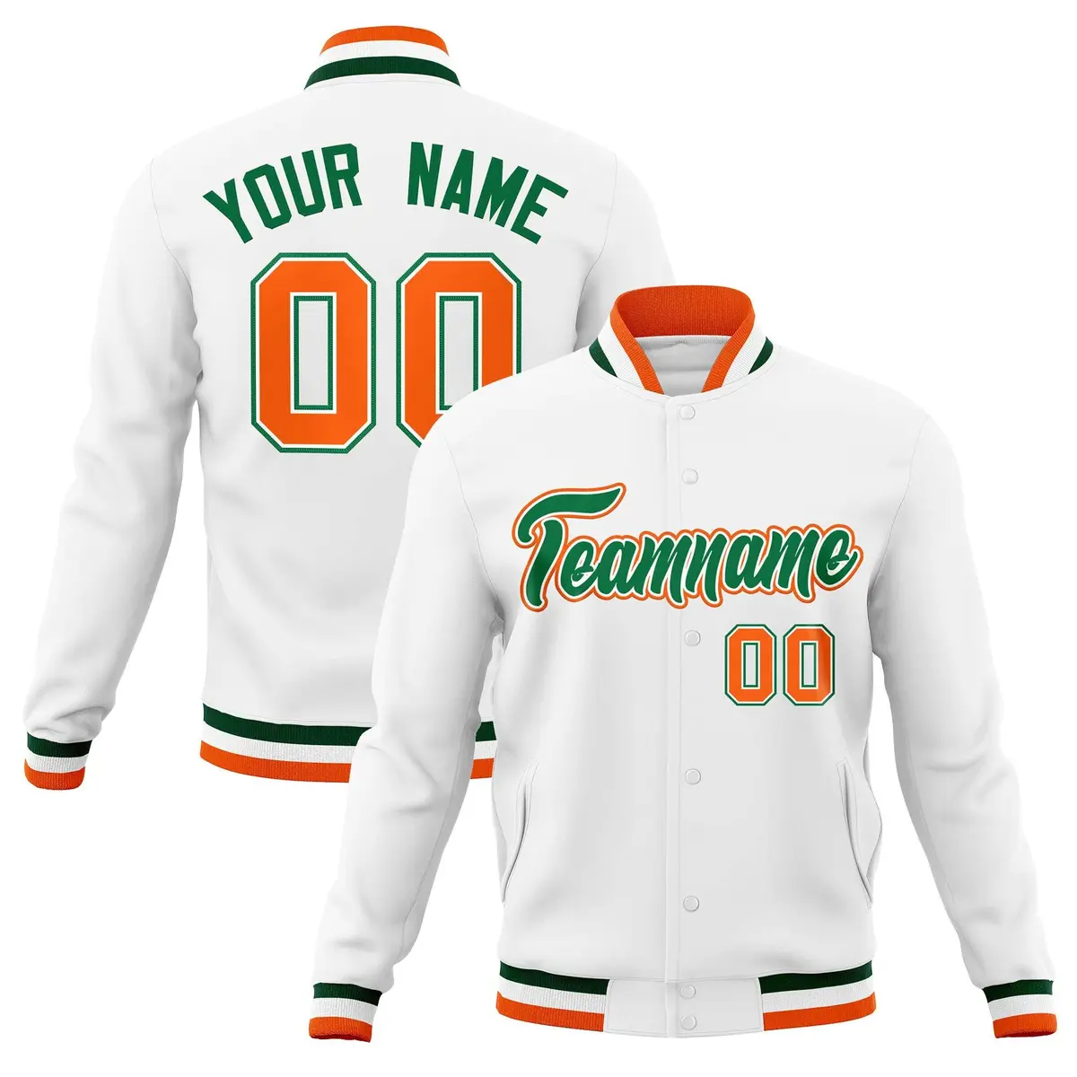 White Green-Orange Varsity Full-Snap Letterman Jacket