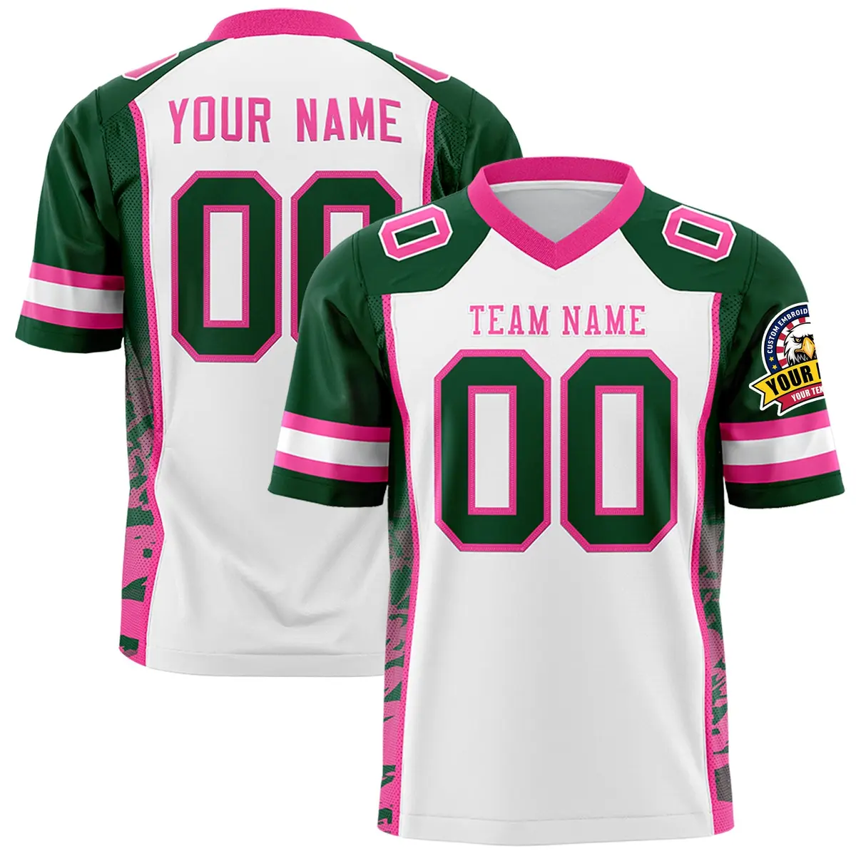 White Green-Pink Raglan Side Pattern Football Jersey