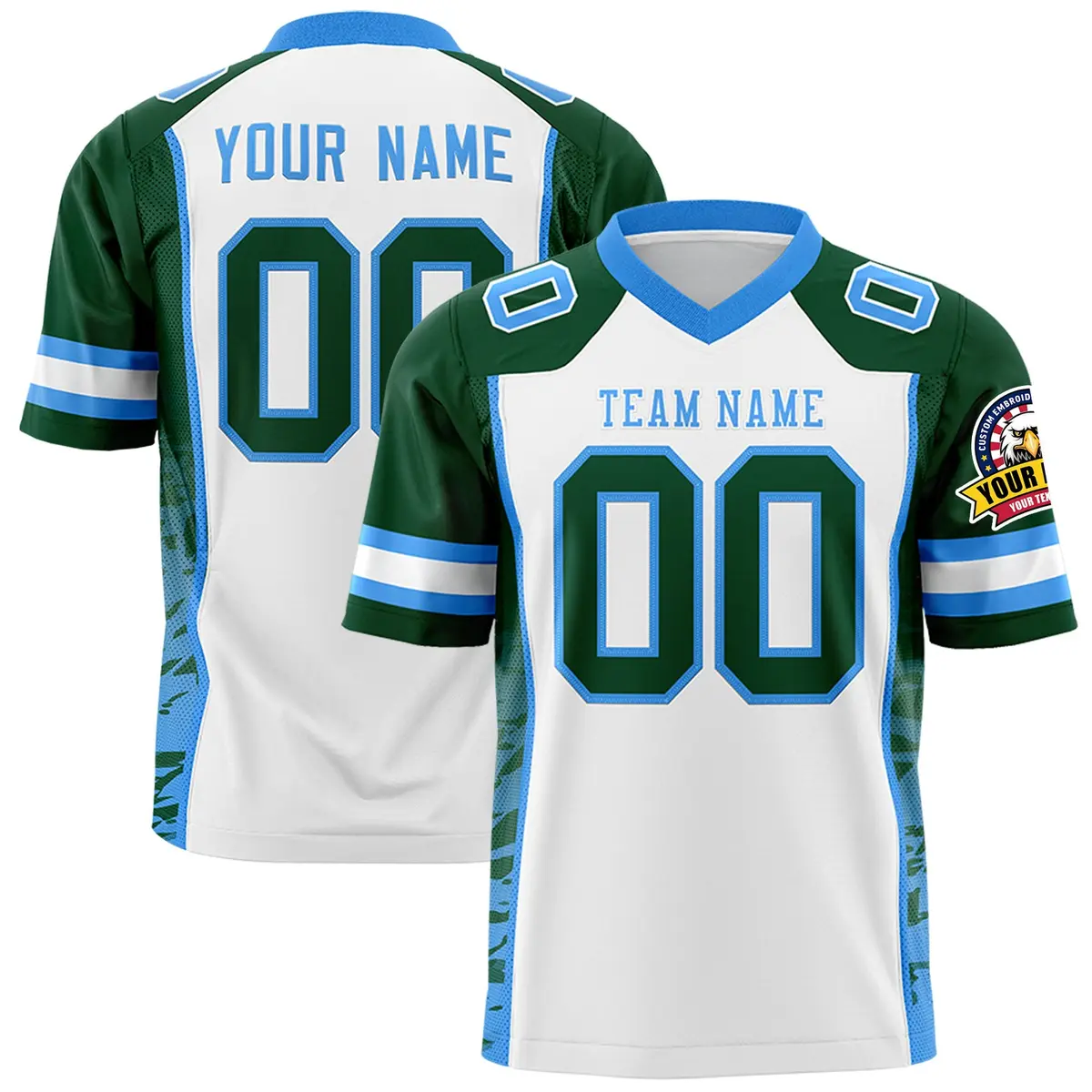 White Green-Powder Blue Raglan Side Pattern Football Jersey