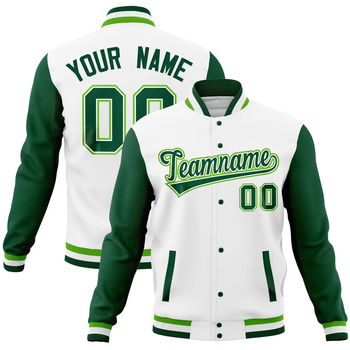 White Green Raglan Sleeves Full-Snap Varsity Letterman Baseball Jacket