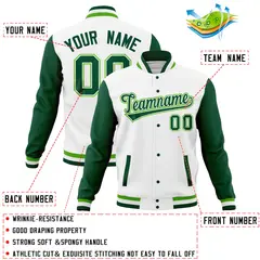 White Green Raglan Sleeves Full-Snap Varsity Letterman Baseball Jacket 4