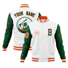 White Green Raglan Sleeves Full-Snap Varsity Letterman Baseball Jacket 1