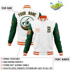 White Green Raglan Sleeves Full-Snap Varsity Letterman Baseball Jacket 4