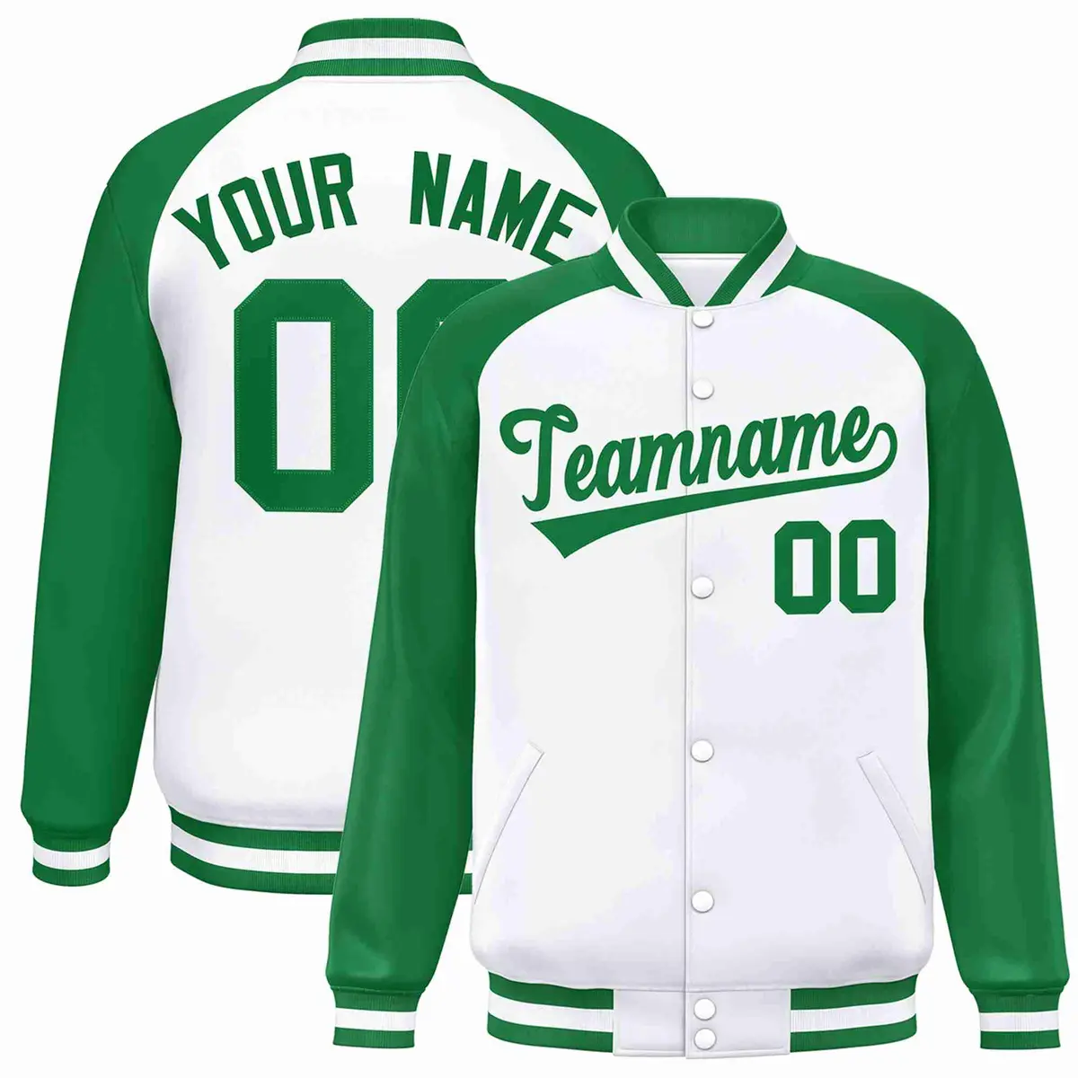 White Green Raglan Varsity Letterman Full-Snap Jacket
