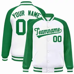 White Green Raglan Varsity Letterman Full-Snap Jacket 1